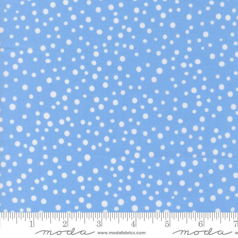 Image of On The Porch Country Rain Blue Sky quilting cotton fabric by My and My Sister Designs for Moda Fabrics. Features polka dots on a blue background. Cute Little Fabric Shop.