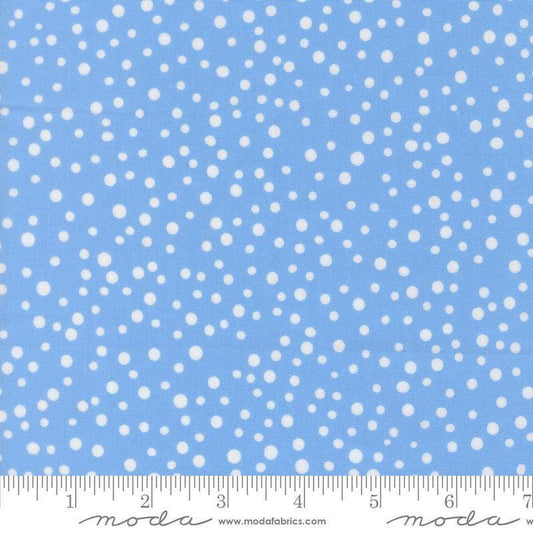 Image of On The Porch Country Rain Blue Sky quilting cotton fabric by My and My Sister Designs for Moda Fabrics. Features polka dots on a blue background. Cute Little Fabric Shop.