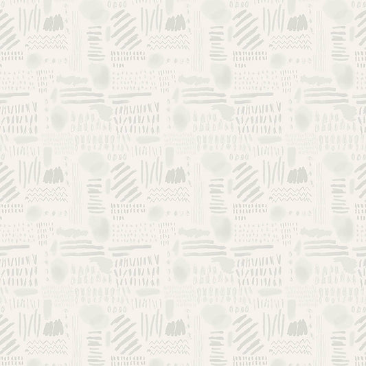 Image of Drawn to Create Doodles Light Gray quilting cotton fabric by Eulalia Mejia for QT Fabrics. Features scribbles on a white background. Cute Little Fabric Shop.
