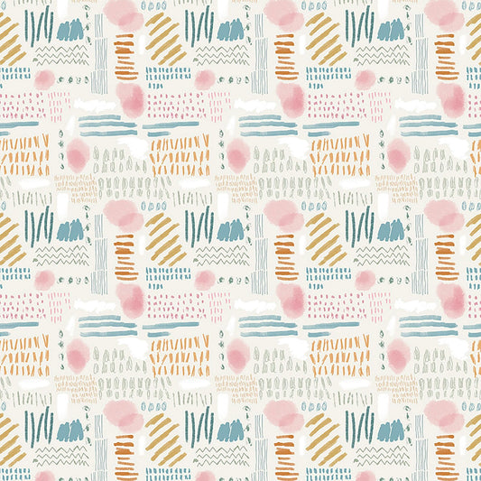 Image of Drawn to Create Doodles Multi quilting cotton fabric by Eulalia Mejia for QT Fabrics. Features scribbles on a cream background. Cute Little Fabric Shop.
