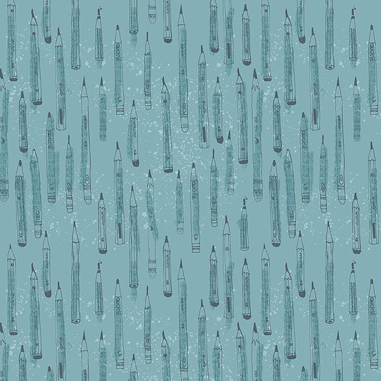 Image of Drawn to Create Pencil Tonal Dusty Teal quilting cotton fabric by Eulalia Mejia for QT Fabrics. Features art supplies on a blue background. Cute Little Fabric Shop.