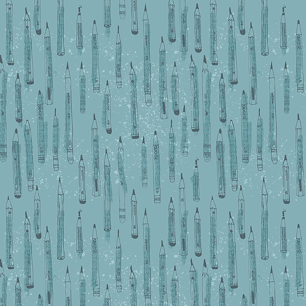 Image of Drawn to Create Pencil Tonal Dusty Teal quilting cotton fabric by Eulalia Mejia for QT Fabrics. Features art supplies on a blue background. Cute Little Fabric Shop.