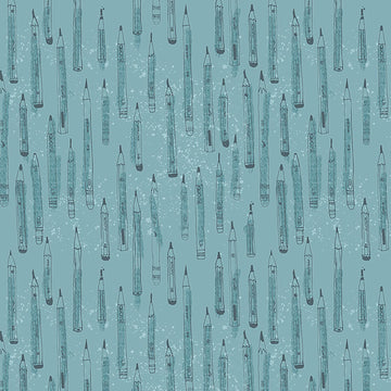 Image of Drawn to Create Pencil Tonal Dusty Teal quilting cotton fabric by Eulalia Mejia for QT Fabrics. Features art supplies on a blue background. Cute Little Fabric Shop.