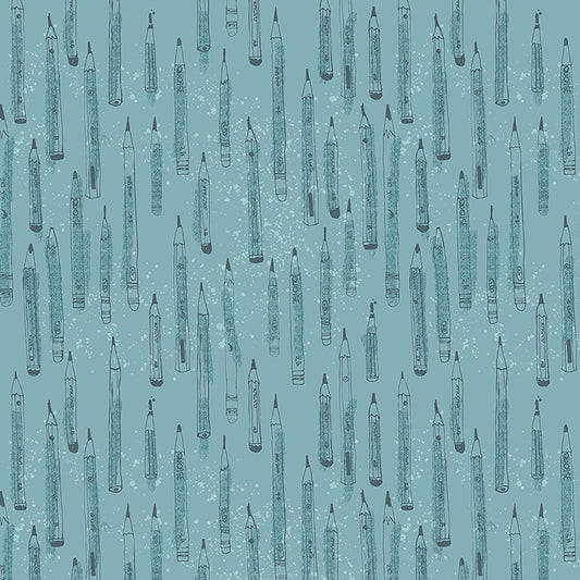 Image of Drawn to Create Pencil Tonal Dusty Teal quilting cotton fabric by Eulalia Mejia for QT Fabrics. Features art supplies on a blue background. Cute Little Fabric Shop.