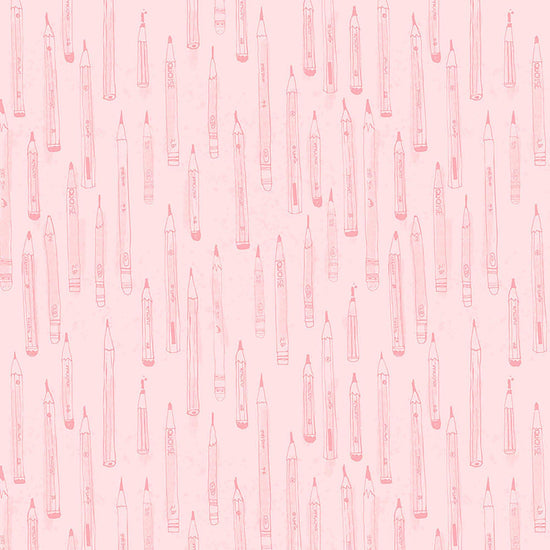 Image of Drawn to Create Pencil Tonal Pink quilting cotton fabric by Eulalia Mejia for QT Fabrics. Features art supplies on a pink background. Cute Little Fabric Shop.