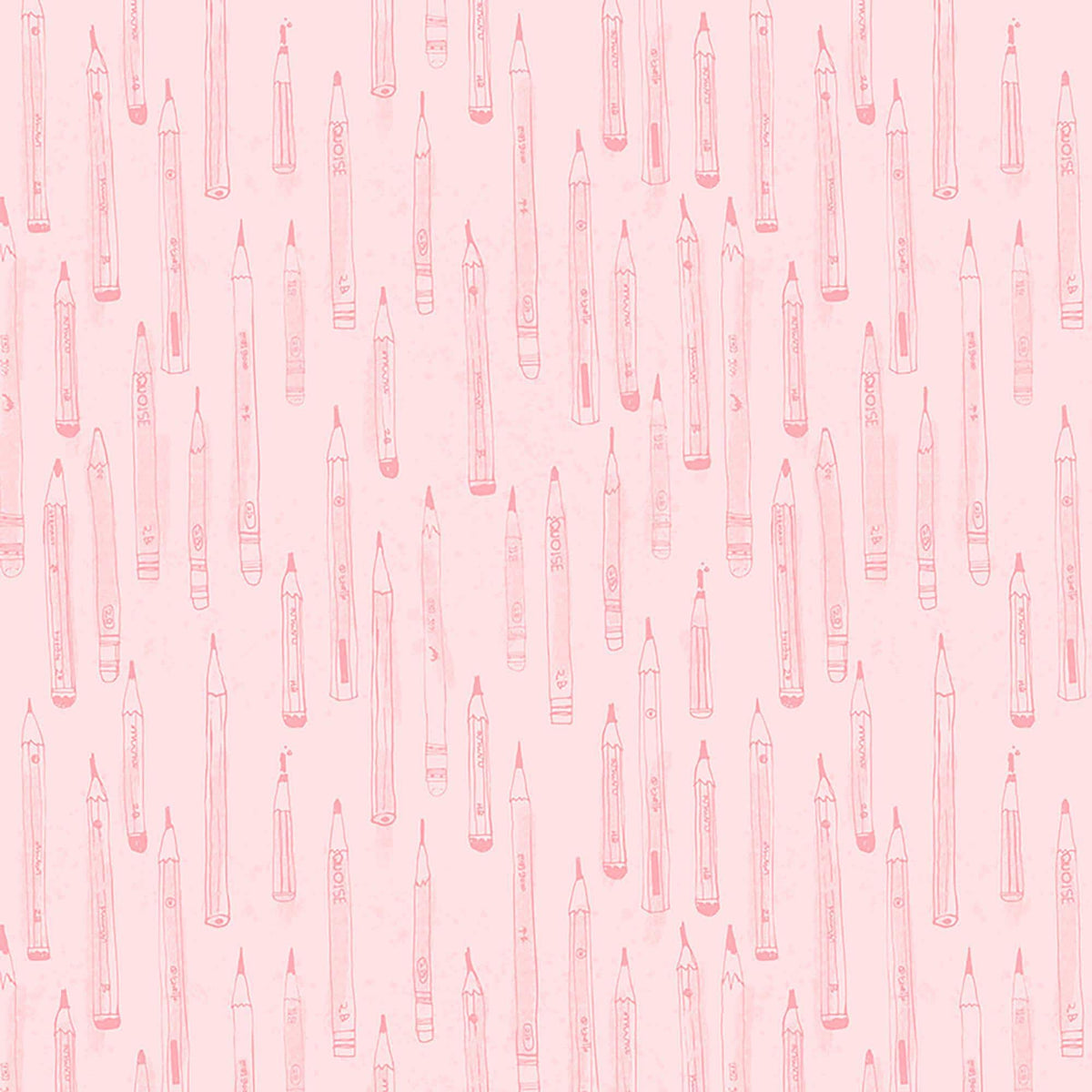 Image of Drawn to Create Pencil Tonal Pink quilting cotton fabric by Eulalia Mejia for QT Fabrics. Features art supplies on a pink background. Cute Little Fabric Shop.