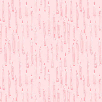 Image of Drawn to Create Pencil Tonal Pink quilting cotton fabric by Eulalia Mejia for QT Fabrics. Features art supplies on a pink background. Cute Little Fabric Shop.