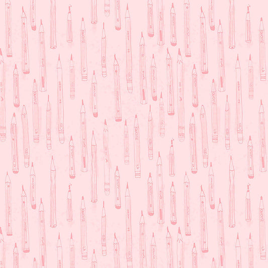 Image of Drawn to Create Pencil Tonal Pink quilting cotton fabric by Eulalia Mejia for QT Fabrics. Features art supplies on a pink background. Cute Little Fabric Shop.