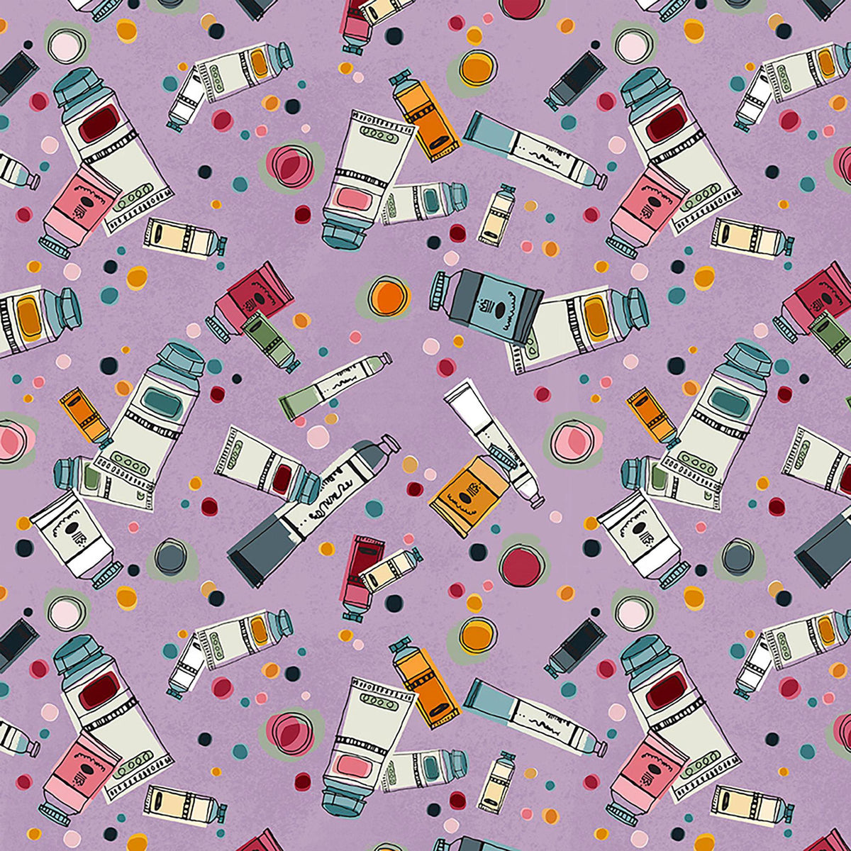 Image of Drawn to Create Paint Tubes Lilac quilting cotton fabric by Eulalia Mejia for QT Fabrics. Features art supplies on a purple background. Cute Little Fabric Shop.