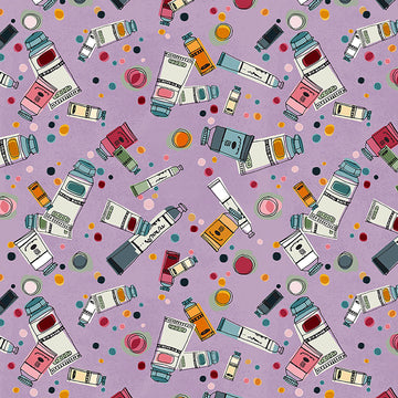 Image of Drawn to Create Paint Tubes Lilac quilting cotton fabric by Eulalia Mejia for QT Fabrics. Features art supplies on a purple background. Cute Little Fabric Shop.