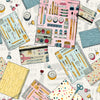 Image of Drawn to Create Artist's Journals Light Gray quilting cotton fabric by Eulalia Mejia for QT Fabrics. Features art supplies on a gray background. Cute Little Fabric Shop.