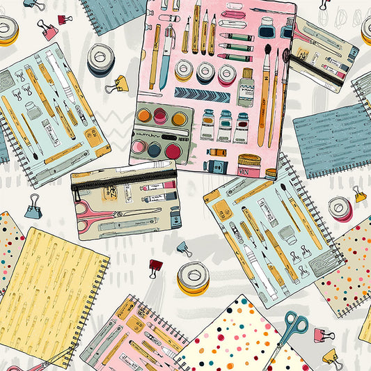 Image of Drawn to Create Artist's Journals Light Gray quilting cotton fabric by Eulalia Mejia for QT Fabrics. Features art supplies on a gray background. Cute Little Fabric Shop.