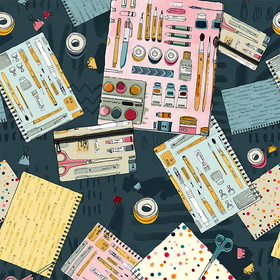 Image of Drawn to Create Artist's Journals Dark Teal quilting cotton fabric by Eulalia Mejia for QT Fabrics. Features art supplies on a blue background. Cute Little Fabric Shop.