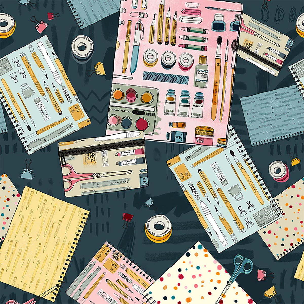 Image of Drawn to Create Artist's Journals Dark Teal quilting cotton fabric by Eulalia Mejia for QT Fabrics. Features art supplies on a blue background. Cute Little Fabric Shop.