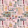 Image of Drawn to Create Art Supplies Pink quilting cotton fabric by Eulalia Mejia for QT Fabrics. Features art supplies on a pink background. Cute Little Fabric Shop.