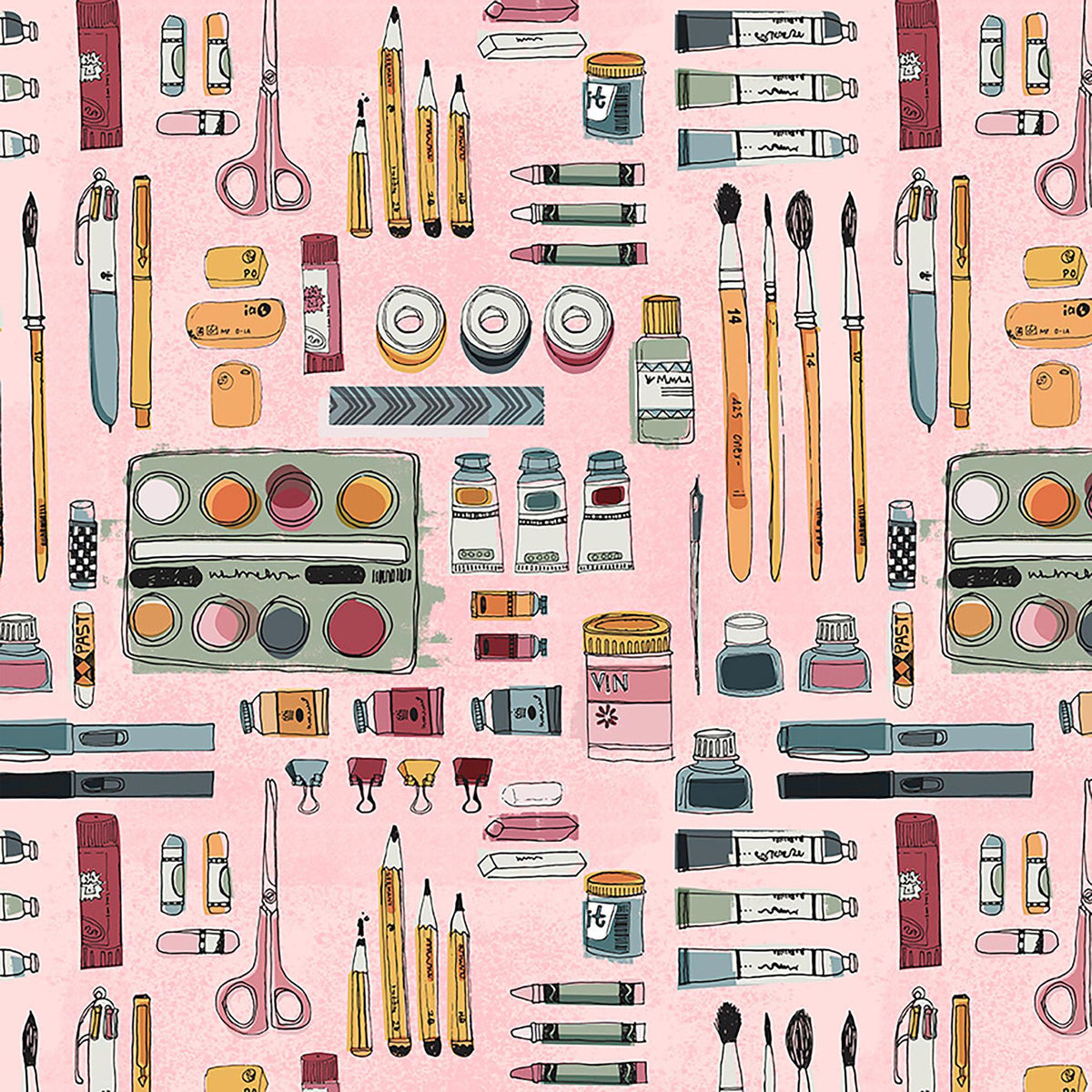 Image of Drawn to Create Art Supplies Pink quilting cotton fabric by Eulalia Mejia for QT Fabrics. Features art supplies on a pink background. Cute Little Fabric Shop.