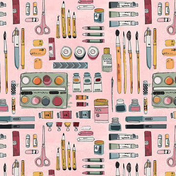 Image of Drawn to Create Art Supplies Pink quilting cotton fabric by Eulalia Mejia for QT Fabrics. Features art supplies on a pink background. Cute Little Fabric Shop.