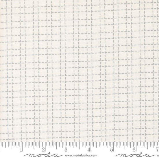 Image of Makers Delight Crosshatch White Platinum by Chrissy Lux for Moda Fabrics. Features a grid on a white background. Cute Little Fabric Shop.
