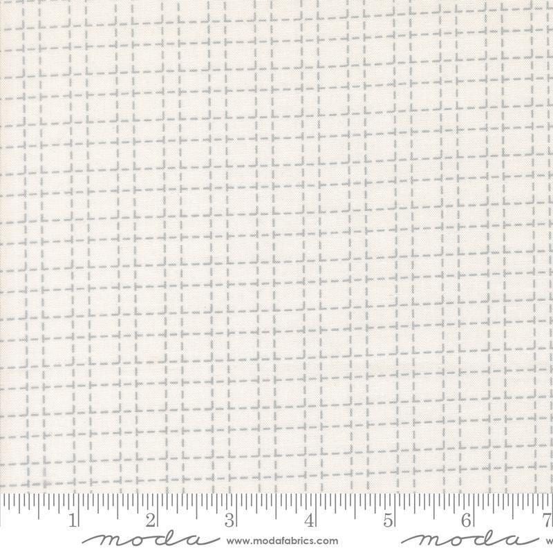 Image of Makers Delight Crosshatch White Platinum by Chrissy Lux for Moda Fabrics. Features a grid on a white background. Cute Little Fabric Shop.