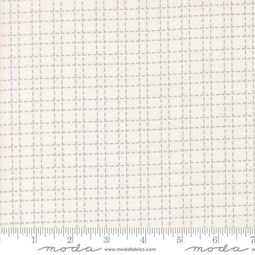 Image of Makers Delight Crosshatch White Platinum by Chrissy Lux for Moda Fabrics. Features a grid on a white background. Cute Little Fabric Shop.