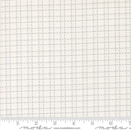 Image of Makers Delight Crosshatch White Platinum by Chrissy Lux for Moda Fabrics. Features a grid on a white background. Cute Little Fabric Shop.