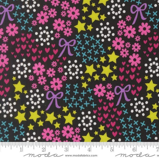 Image of Makers Delight Doodles Super Black by Chrissy Lux for Moda Fabrics. Features hearts and flowers on a black background. Cute Little Fabric Shop.
