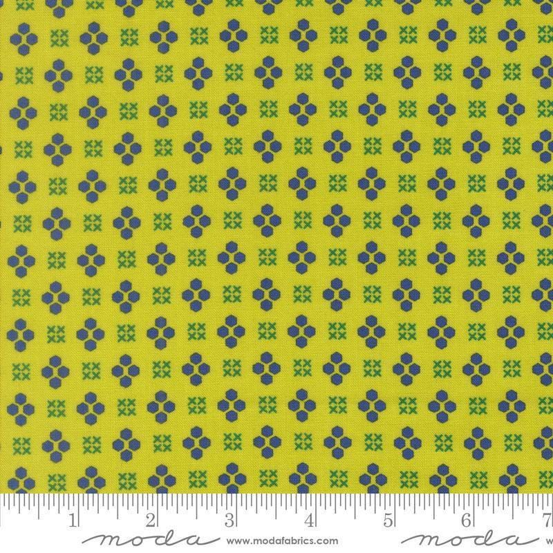 Image of Makers Delight Handwork Acid Green by Chrissy Lux for Moda Fabrics. Features shapes on a green background. Cute Little Fabric Shop.