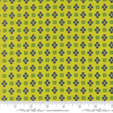 Image of Makers Delight Handwork Acid Green by Chrissy Lux for Moda Fabrics. Features shapes on a green background. Cute Little Fabric Shop.