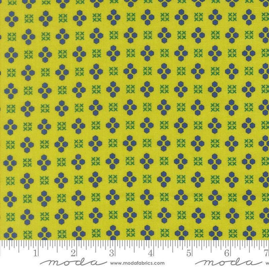 Image of Makers Delight Handwork Acid Green by Chrissy Lux for Moda Fabrics. Features shapes on a green background. Cute Little Fabric Shop.
