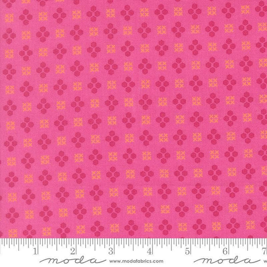 Image of Makers Delight Handwork Peony by Chrissy Lux for Moda Fabrics. Features shapes on a pink background. Cute Little Fabric Shop.