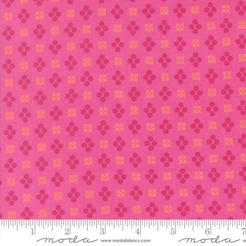 Image of Makers Delight Handwork Peony by Chrissy Lux for Moda Fabrics. Features shapes on a pink background. Cute Little Fabric Shop.