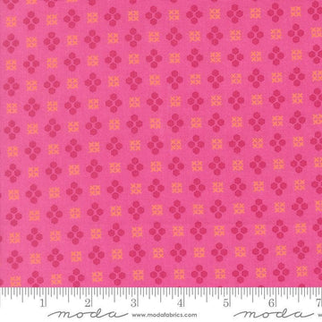 Image of Makers Delight Handwork Peony by Chrissy Lux for Moda Fabrics. Features shapes on a pink background. Cute Little Fabric Shop.
