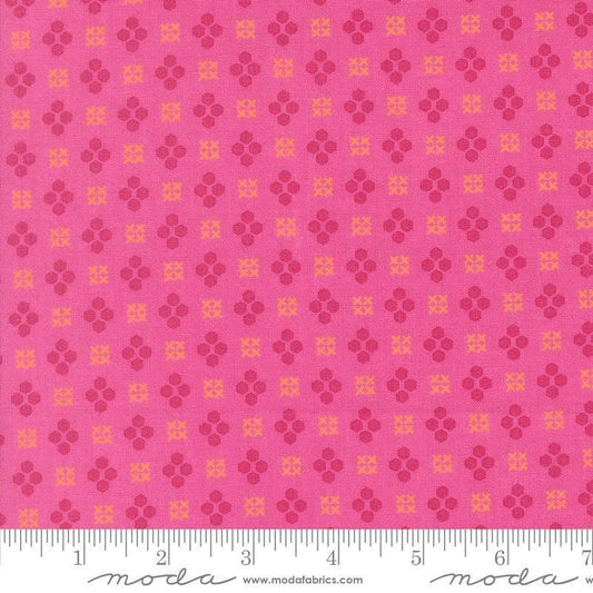 Image of Makers Delight Handwork Peony by Chrissy Lux for Moda Fabrics. Features shapes on a pink background. Cute Little Fabric Shop.