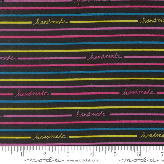 Image of Makers Delight Handmade Stripe Super Black by Chrissy Lux for Moda Fabrics. Features stripes on a black background. Cute Little Fabric Shop.