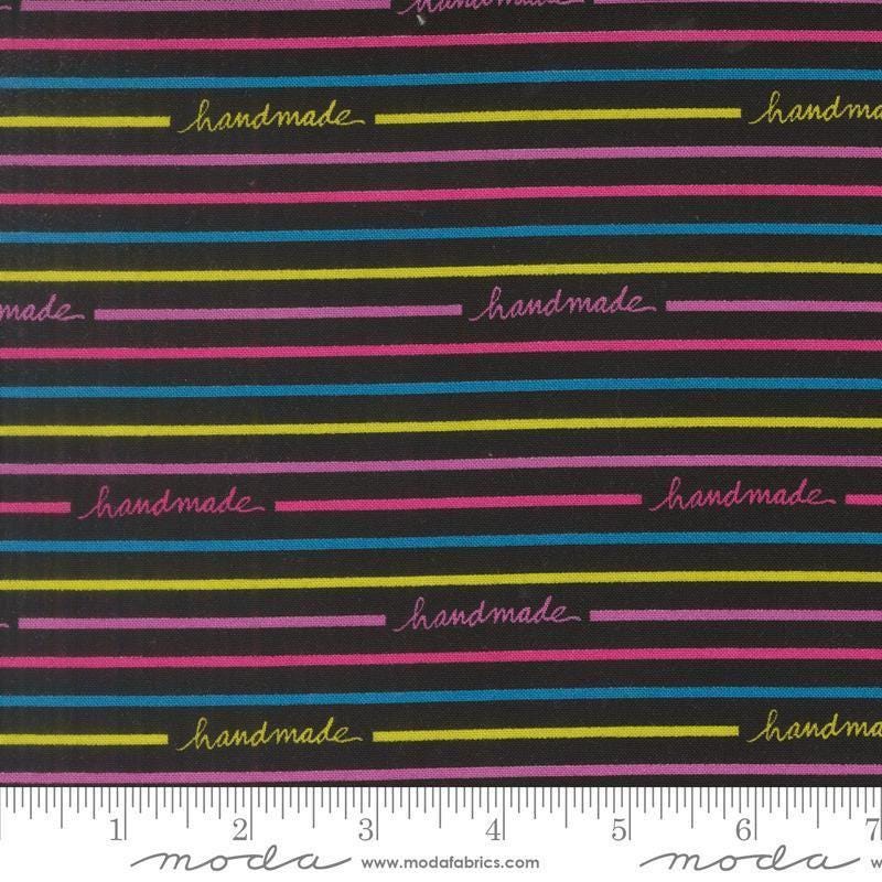 Image of Makers Delight Handmade Stripe Super Black by Chrissy Lux for Moda Fabrics. Features stripes on a black background. Cute Little Fabric Shop.