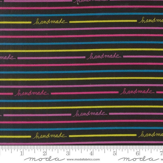 Image of Makers Delight Handmade Stripe Super Black by Chrissy Lux for Moda Fabrics. Features stripes on a black background. Cute Little Fabric Shop.