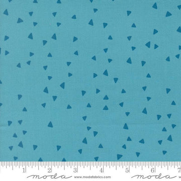 Image of Makers Delight Trimmings Blue Chill by Chrissy Lux for Moda Fabrics. Features triangles on a blue background. Cute Little Fabric Shop.
