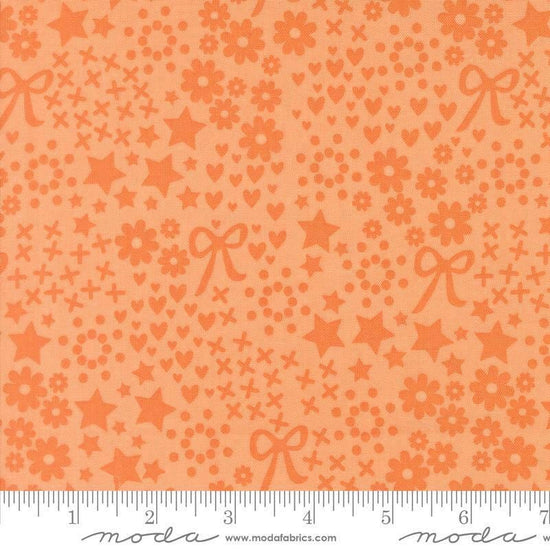 Image of Makers Delight Doodles Cantaloupe by Chrissy Lux for Moda Fabrics. Features hearts and flowers on an orange background. Cute Little Fabric Shop.