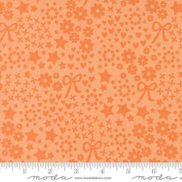 Image of Makers Delight Doodles Cantaloupe by Chrissy Lux for Moda Fabrics. Features hearts and flowers on an orange background. Cute Little Fabric Shop.