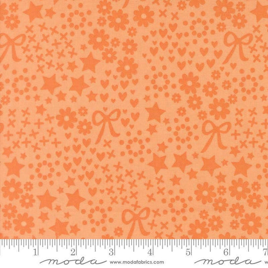 Image of Makers Delight Doodles Cantaloupe by Chrissy Lux for Moda Fabrics. Features hearts and flowers on an orange background. Cute Little Fabric Shop.