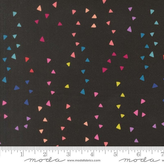 Image of Makers Delight Trimmings Super Black by Chrissy Lux for Moda Fabrics. Features triangles on a black background. Cute Little Fabric Shop.