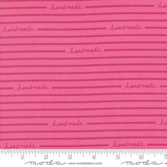 Image of Makers Delight Handmade Stripe Peony by Chrissy Lux for Moda Fabrics. Features stripes on a pink background. Cute Little Fabric Shop.