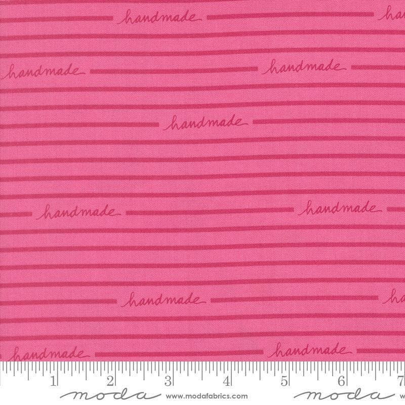 Image of Makers Delight Handmade Stripe Peony by Chrissy Lux for Moda Fabrics. Features stripes on a pink background. Cute Little Fabric Shop.