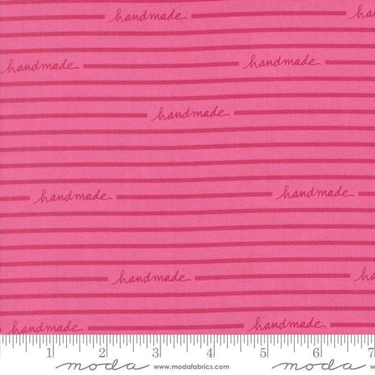 Image of Makers Delight Handmade Stripe Peony by Chrissy Lux for Moda Fabrics. Features stripes on a pink background. Cute Little Fabric Shop.