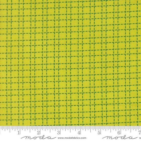 Image of Makers Delight Crosshatch Acid Green by Chrissy Lux for Moda Fabrics. Features a grid on a green background. Cute Little Fabric Shop.