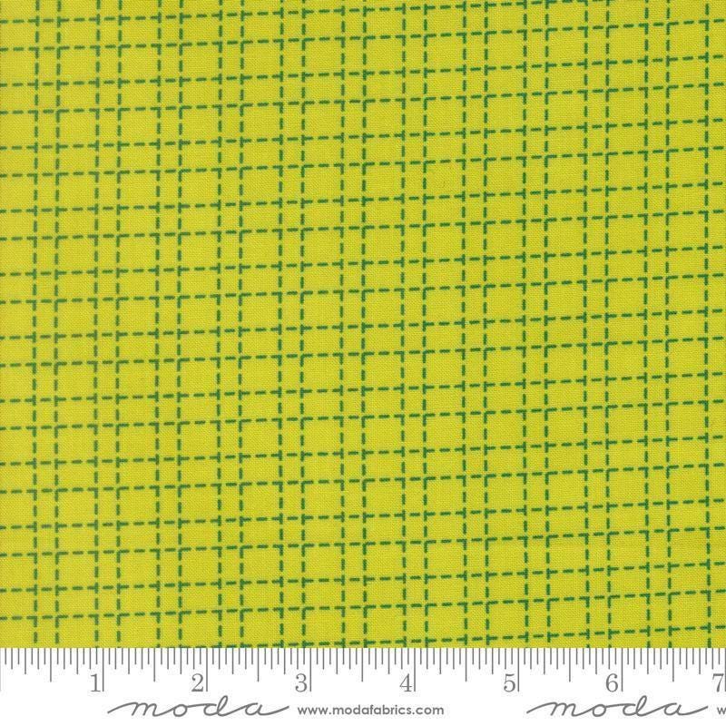 Image of Makers Delight Crosshatch Acid Green by Chrissy Lux for Moda Fabrics. Features a grid on a green background. Cute Little Fabric Shop.