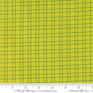 Image of Makers Delight Crosshatch Acid Green by Chrissy Lux for Moda Fabrics. Features a grid on a green background. Cute Little Fabric Shop.