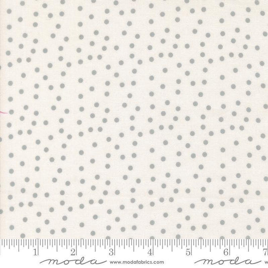 Image of Makers Delight Small Dot White Platinum by Chrissy Lux for Moda Fabrics. Features polka dots on a white background. Cute Little Fabric Shop.