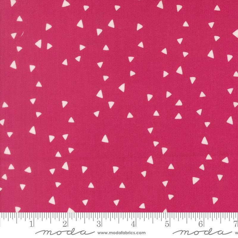 Image of Makers Delight Trimmings Shocking Pink by Chrissy Lux for Moda Fabrics. Features triangles on a pink background. Cute Little Fabric Shop.
