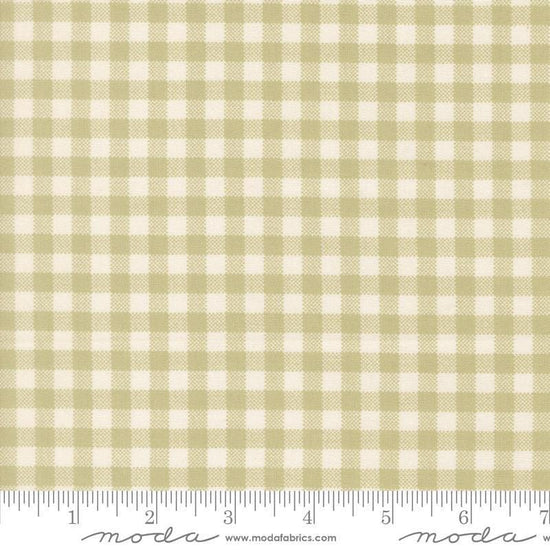 Image of MINKY Handmade Sweetness Quilt Checks Pear polyester fabric by My Sew Quilty Life for Moda Fabrics. Features gingham on a green background. Cute Little Fabric Shop.